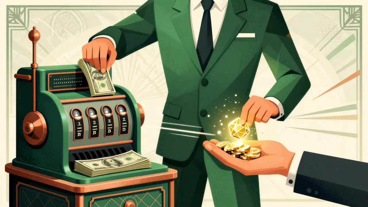 Figure exchanging dollars for tokens in vintage machine