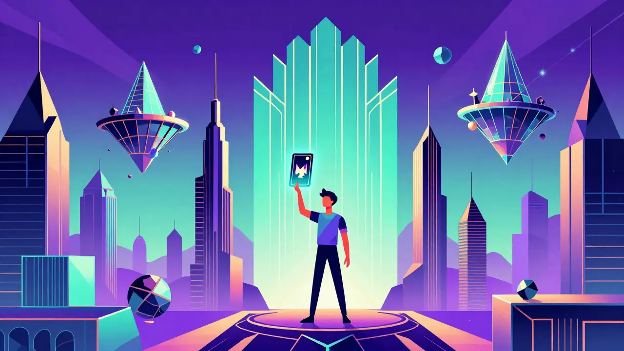 Futuristic metaverse cityscape with geometric buildings