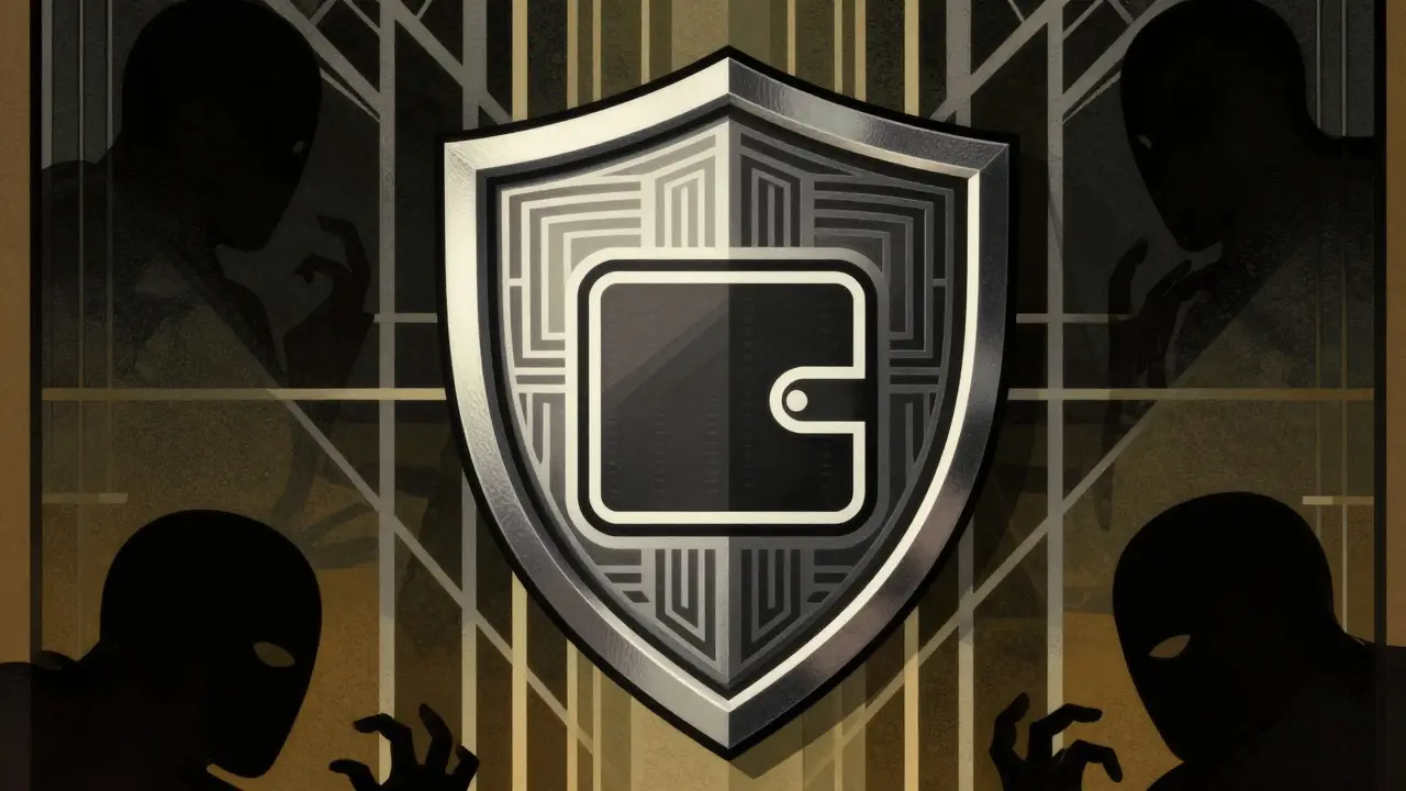 Geometric shield protecting a digital wallet from shadows in a vintage Art Deco security poster style.