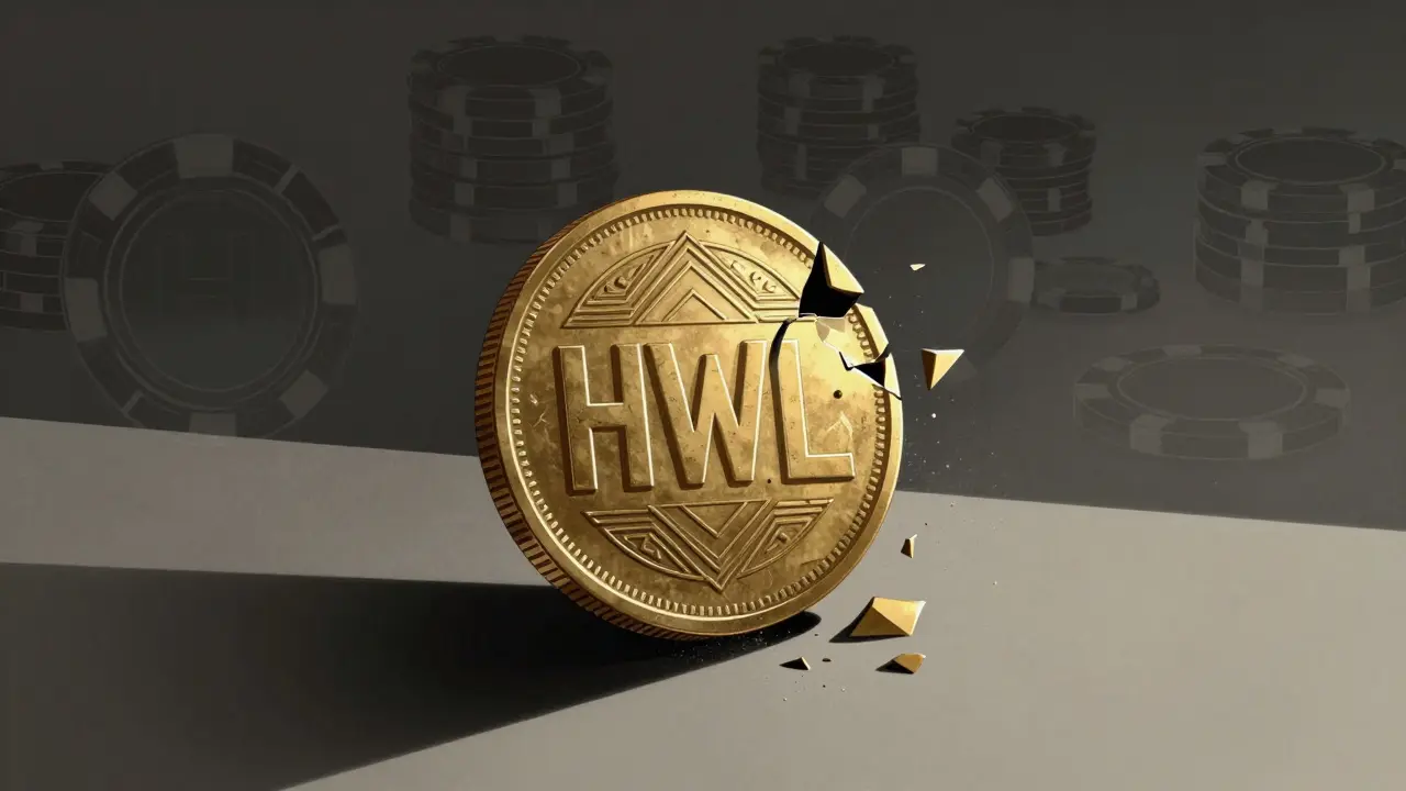 Golden crypto coin crumbling into dust in an Art Deco style.