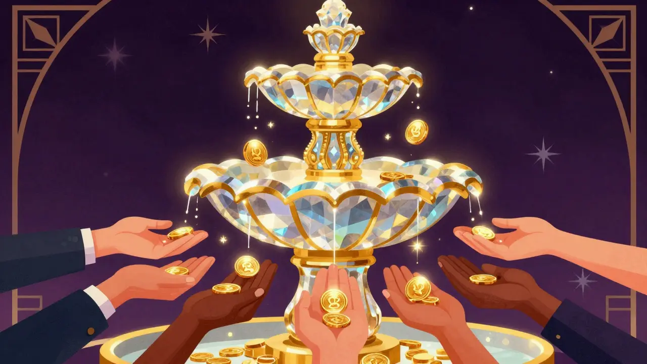 Golden fountain pouring gem-like tokens into hands, illustrating profit sharing rewards.