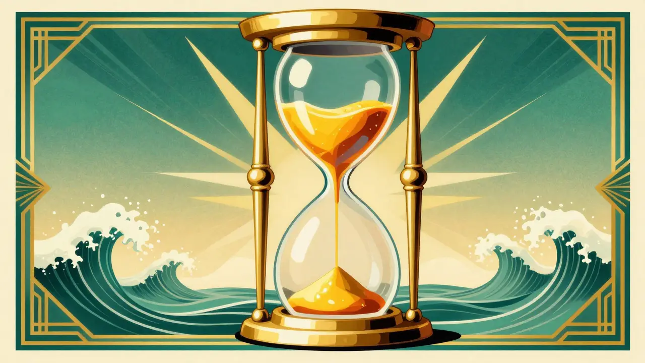 Golden hourglass with concentrated liquid symbolizing efficient liquidity in an Art Deco frame.