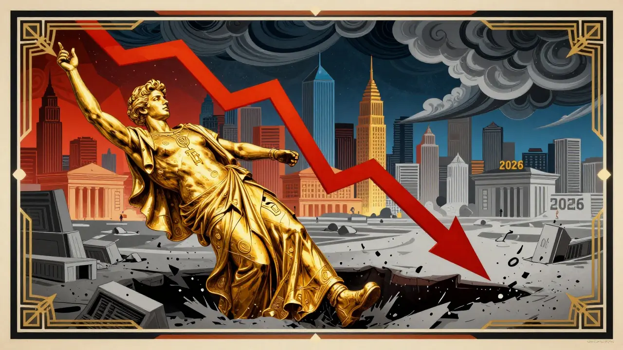 Golden statue crumbling into void symbolizing exchange collapse