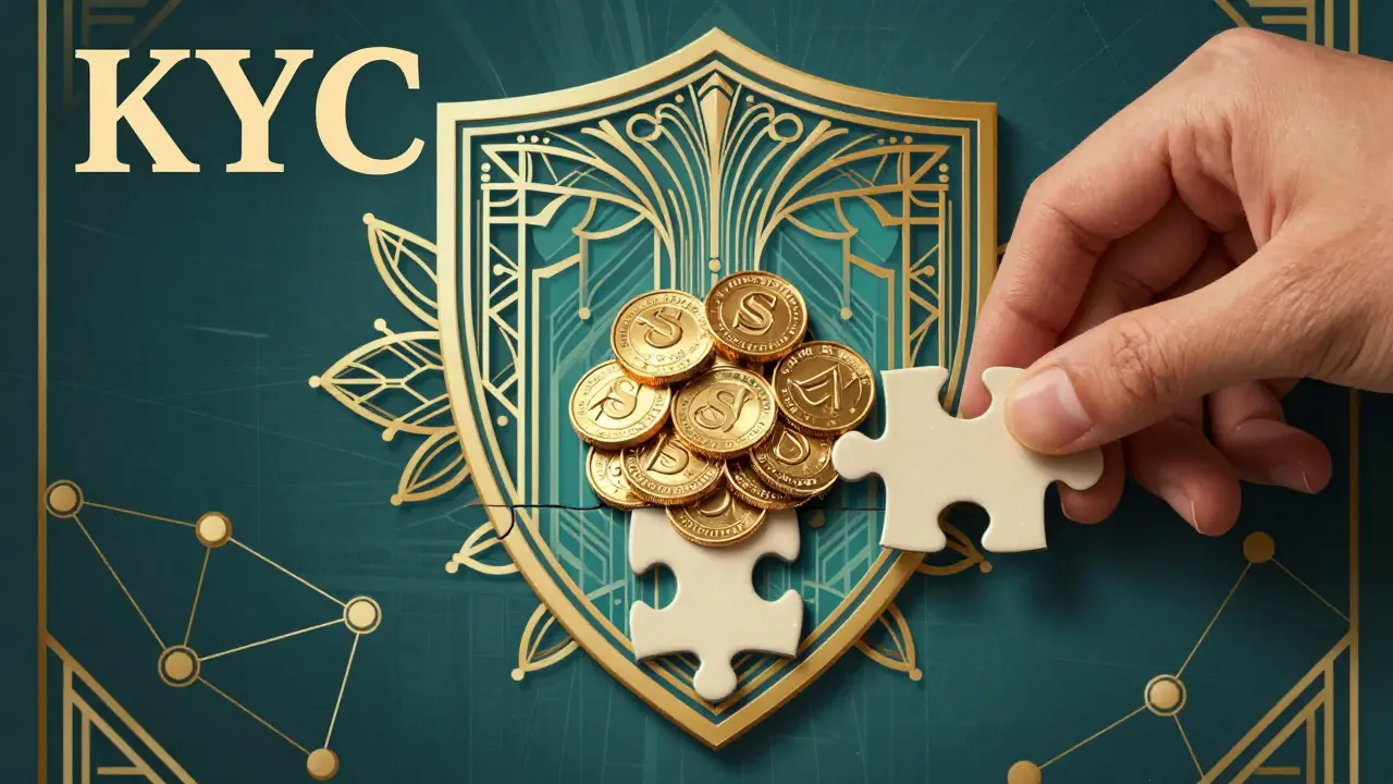 Hand completing a decorative shield puzzle with crypto tokens