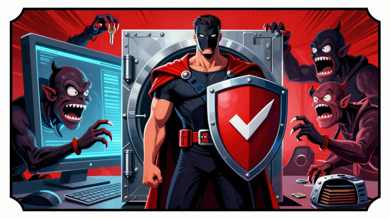Hero guarding a digital wallet from monster hackers in art deco style