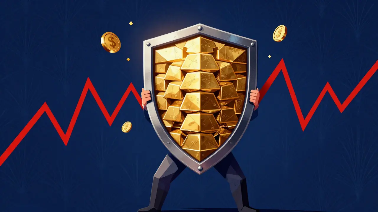 Hero holding geometric shield against chaotic market lines