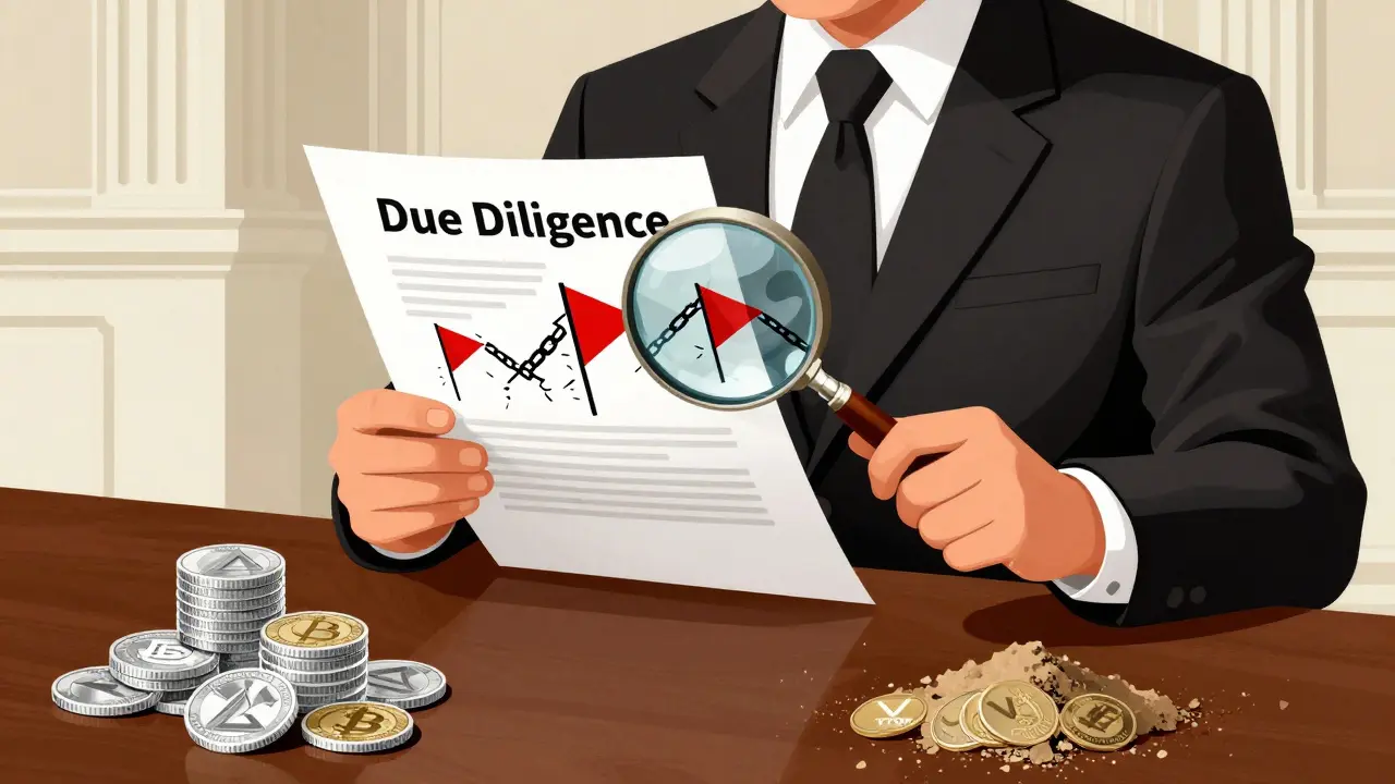Investor inspecting documents with magnifying glass, Art Deco style