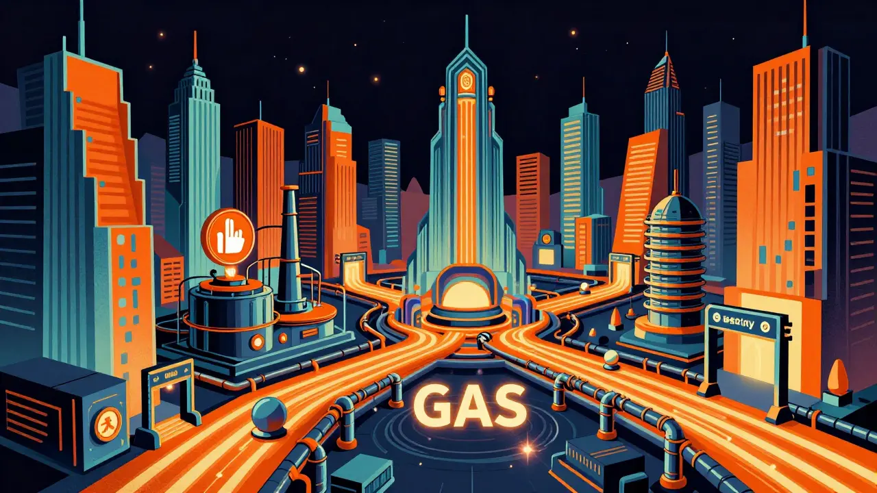 Retro-futuristic cityscape powered by orange energy streams representing GAS.