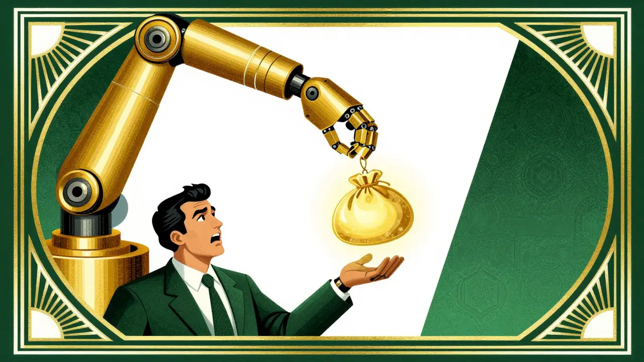 Robotic arm snatching coins from trader in Art Deco style