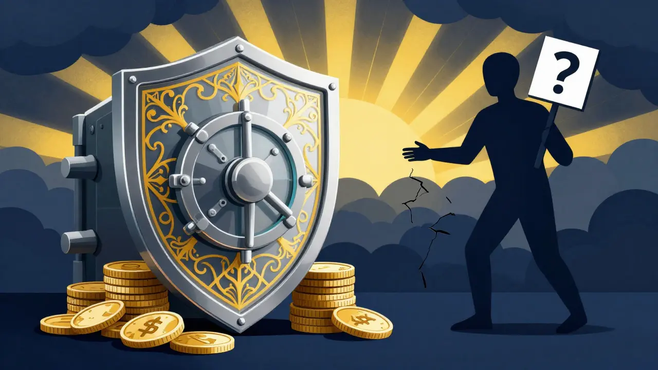 Shield protecting coins against shadowy broken exchange figure