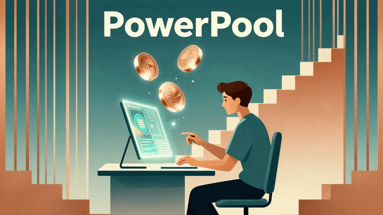 Stylized Art Deco art of a user staking crypto tokens in a digital pool, with coins floating upward.