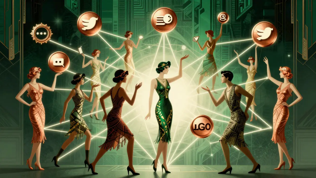 Stylized Art Deco art showing connected figures and network lines, representing social media engagement for airdrops.