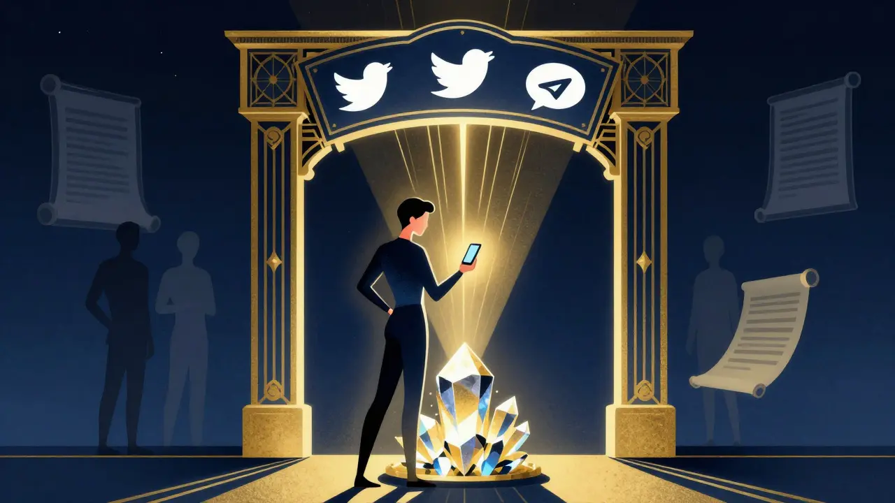 Stylized Art Deco graphic showing a user completing social tasks to claim a digital asset amidst vague shadows.