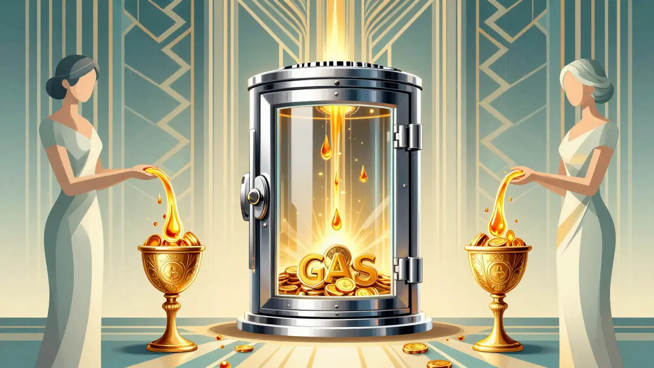 Stylized art deco image showing golden GAS tokens flowing from a vault.