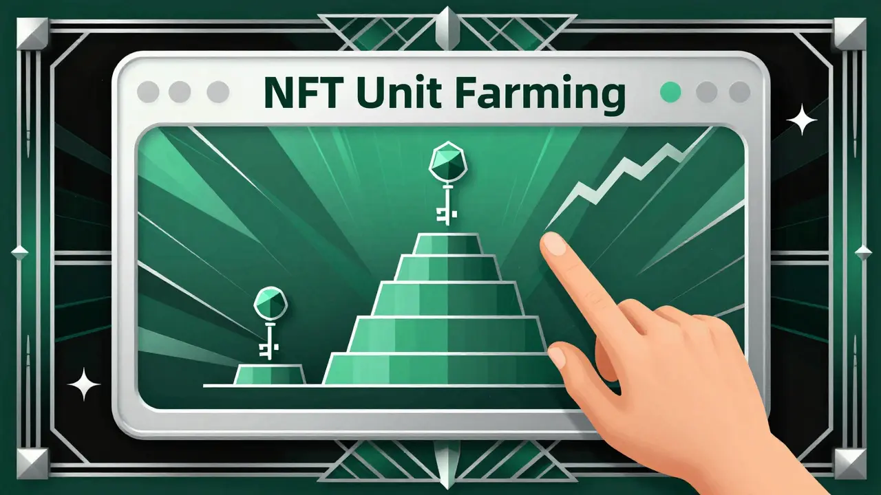 Stylized Art Deco interface showing NFT farming mechanics and security