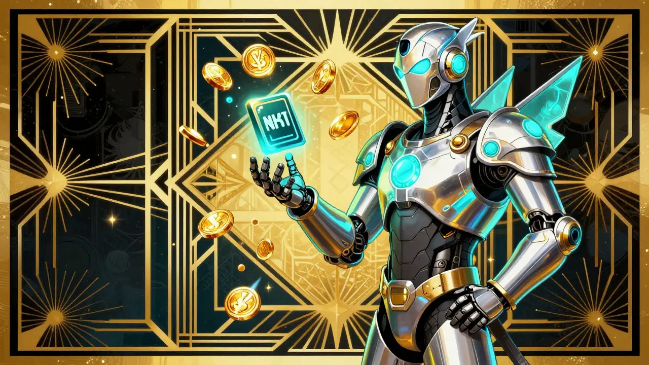 Stylized chrome N-Guard character collecting gold coins in an Art Deco design aesthetic.