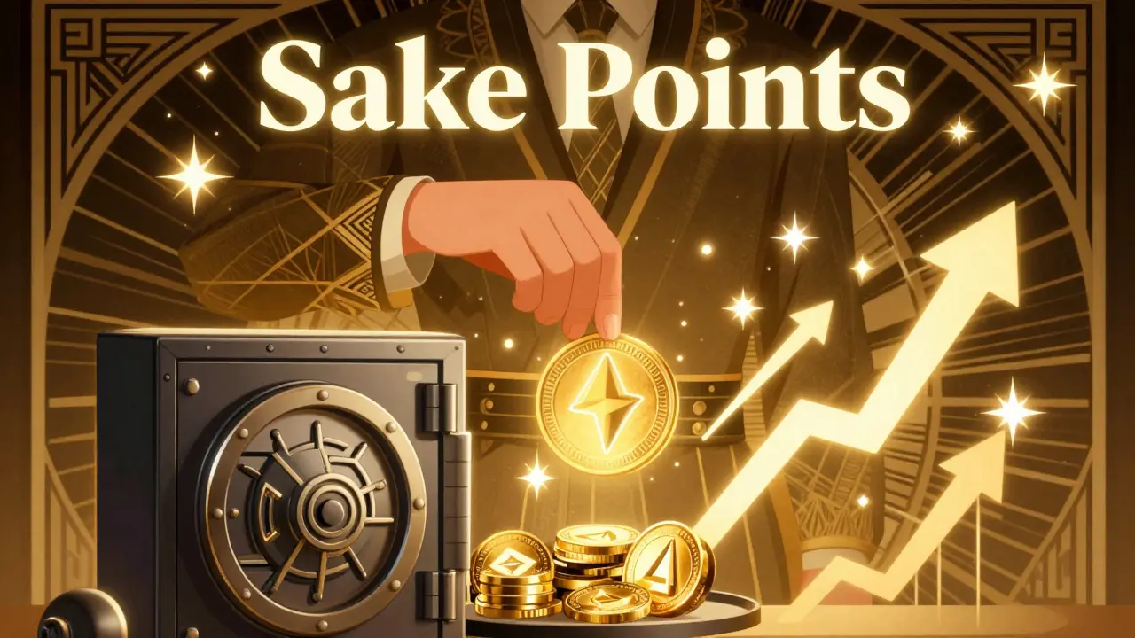 Stylized figure depositing assets for Sake Points