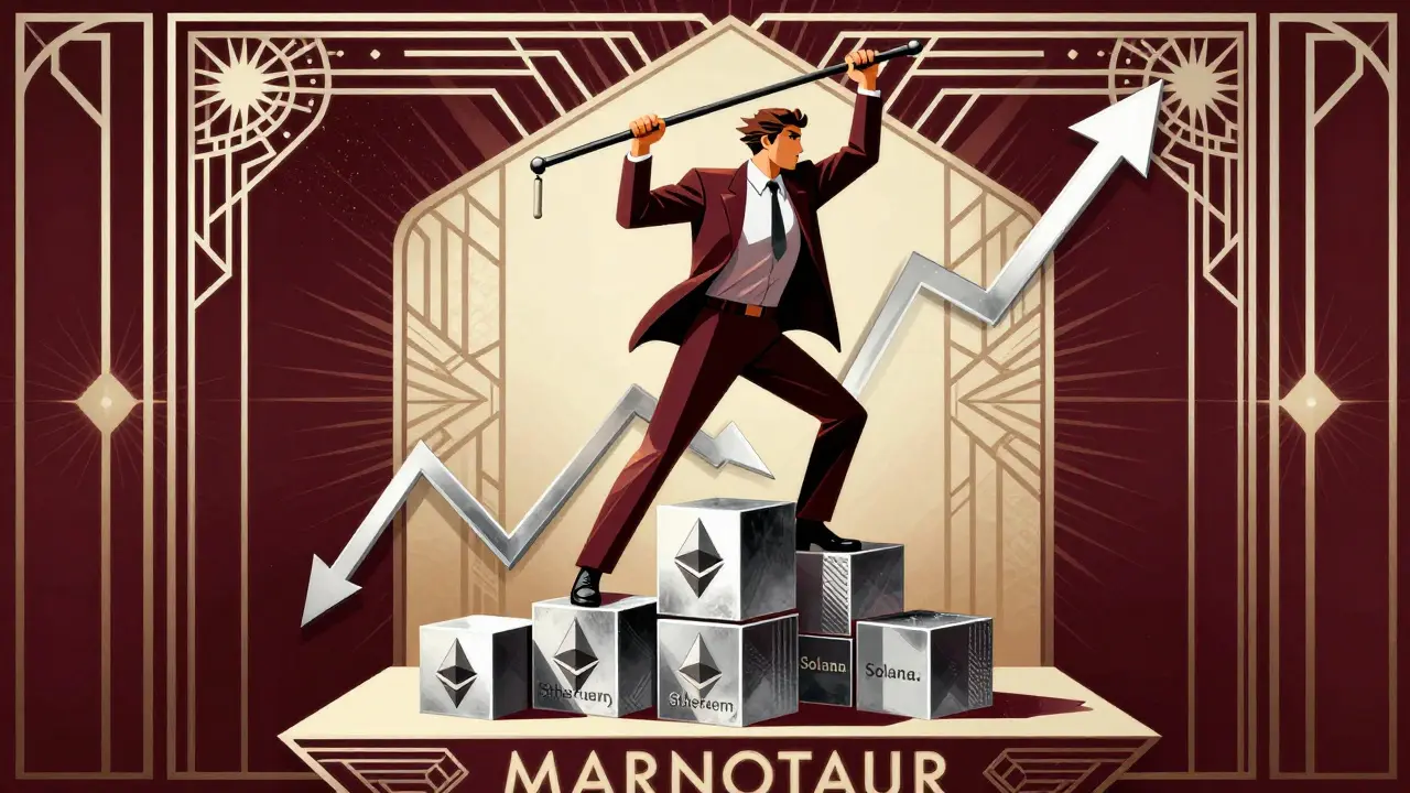 Stylized figure using a lever on blockchain blocks, representing margin trading risks.