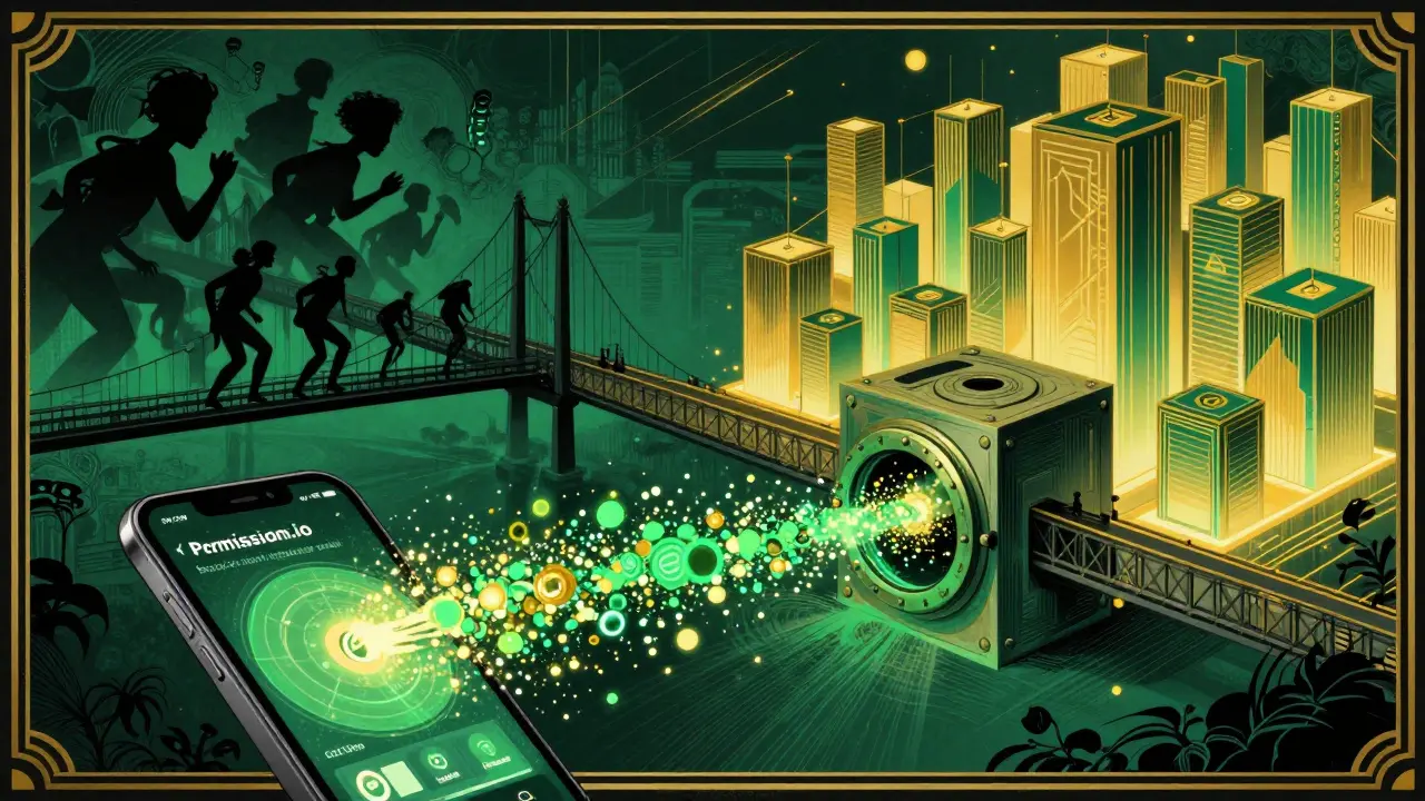 Stylized illustration of data flowing securely into a vault