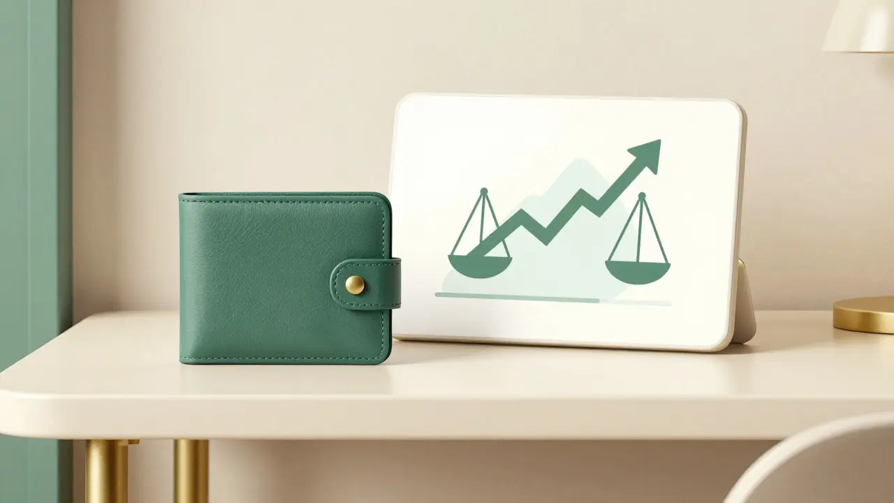 Stylized wallet and abstract trading interface on a clean desk, Art Deco illustration.