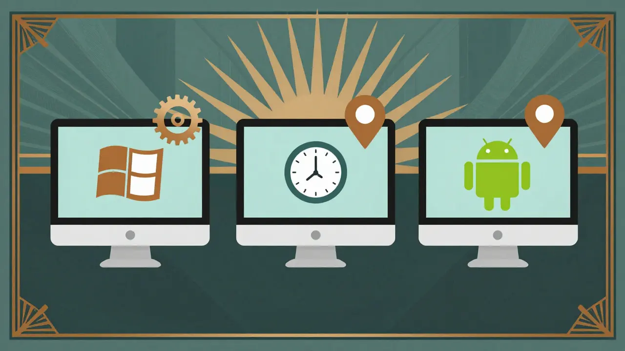 Three monitors emitting metadata symbols in Art Deco style