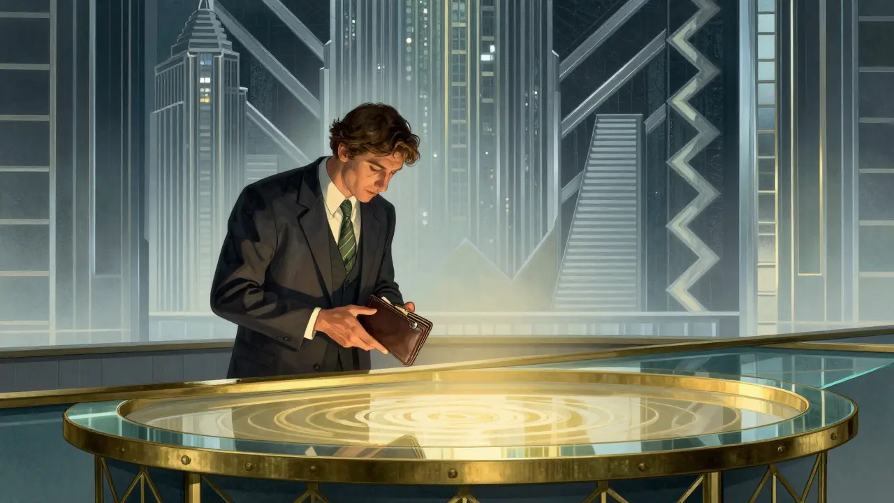 Trader facing an empty liquidity pool in Art Deco advertisement style.