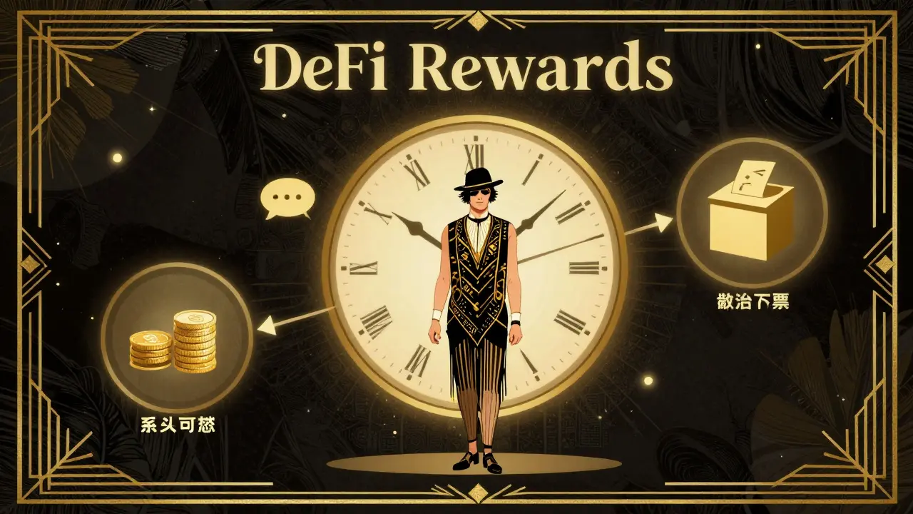 Vintage-inspired Art Deco illustration of DeFi airdrop timeline and tasks