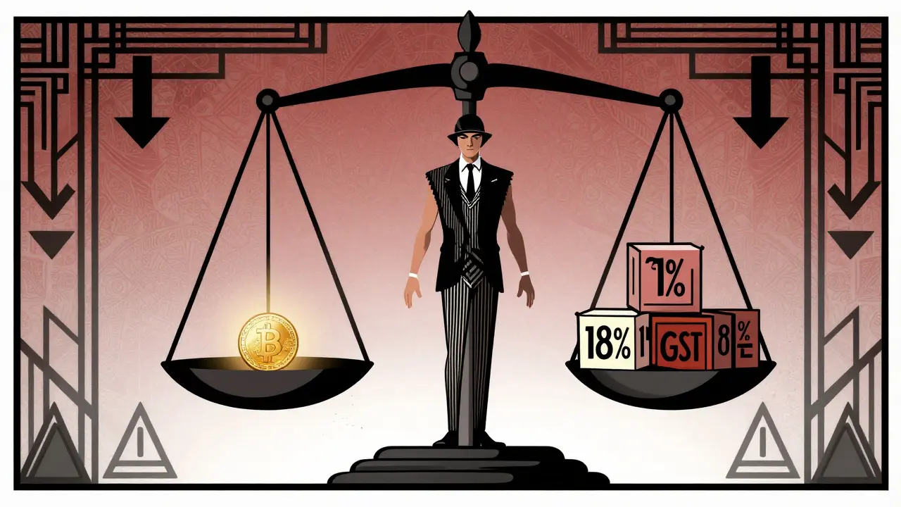 Vintage style graphic showing heavy tax blocks weighing down a crypto coin
