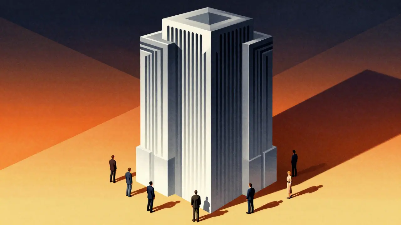 Art Deco art showing a large tower overshadowing small figures