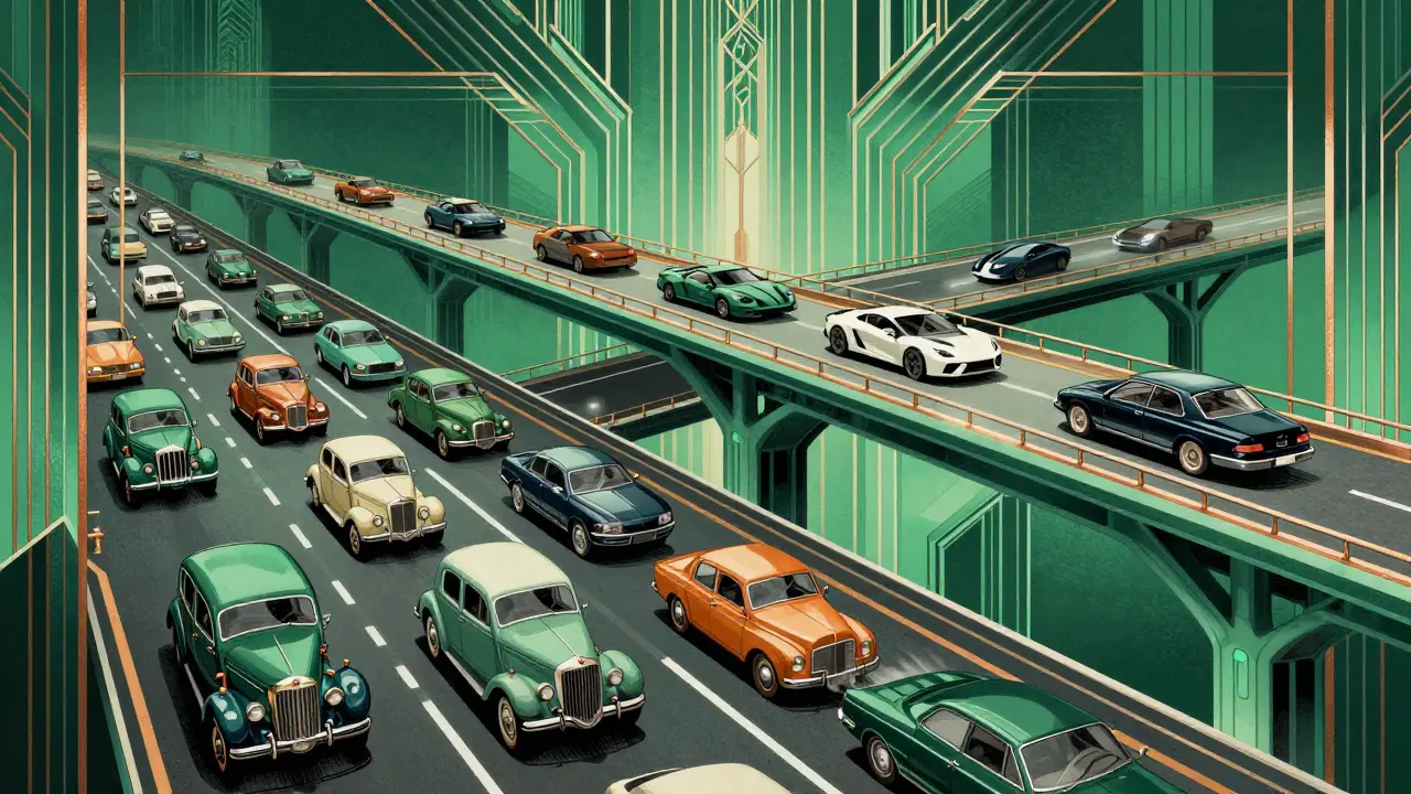 Art Deco art showing fast Layer 2 bridges bypassing congested blockchain highways.