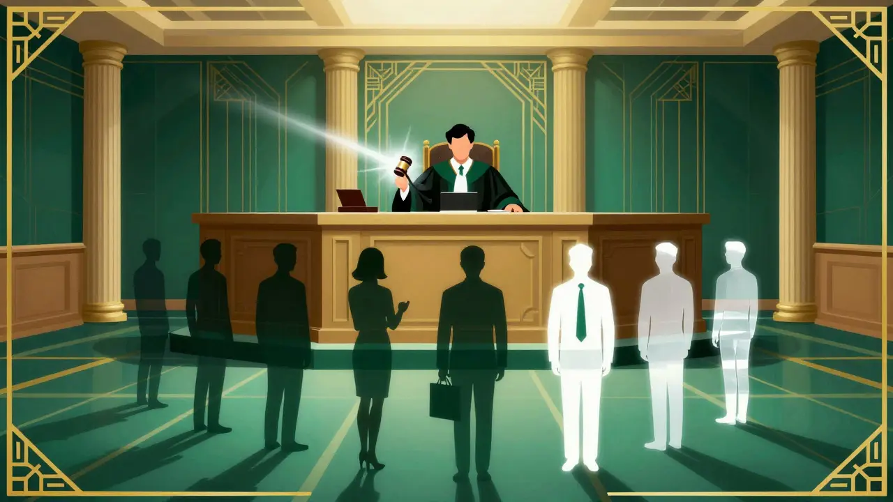 Art Deco courtroom scene showing judge enforcing anti-money laundering laws