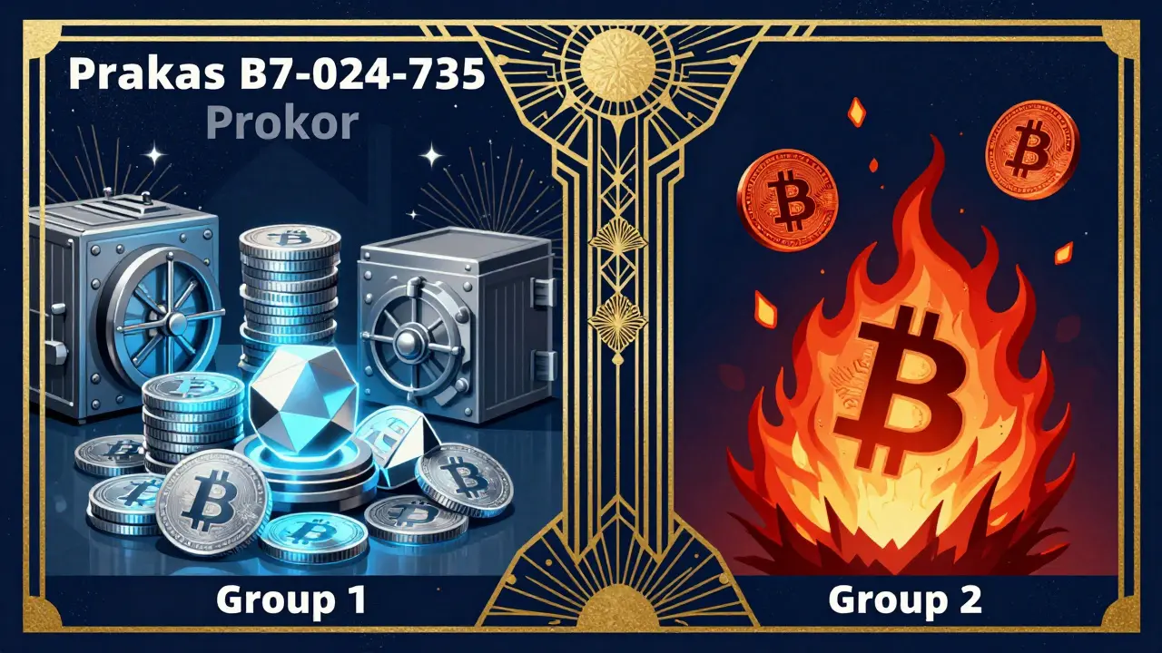 Art Deco graphic comparing stable and speculative crypto assets visually