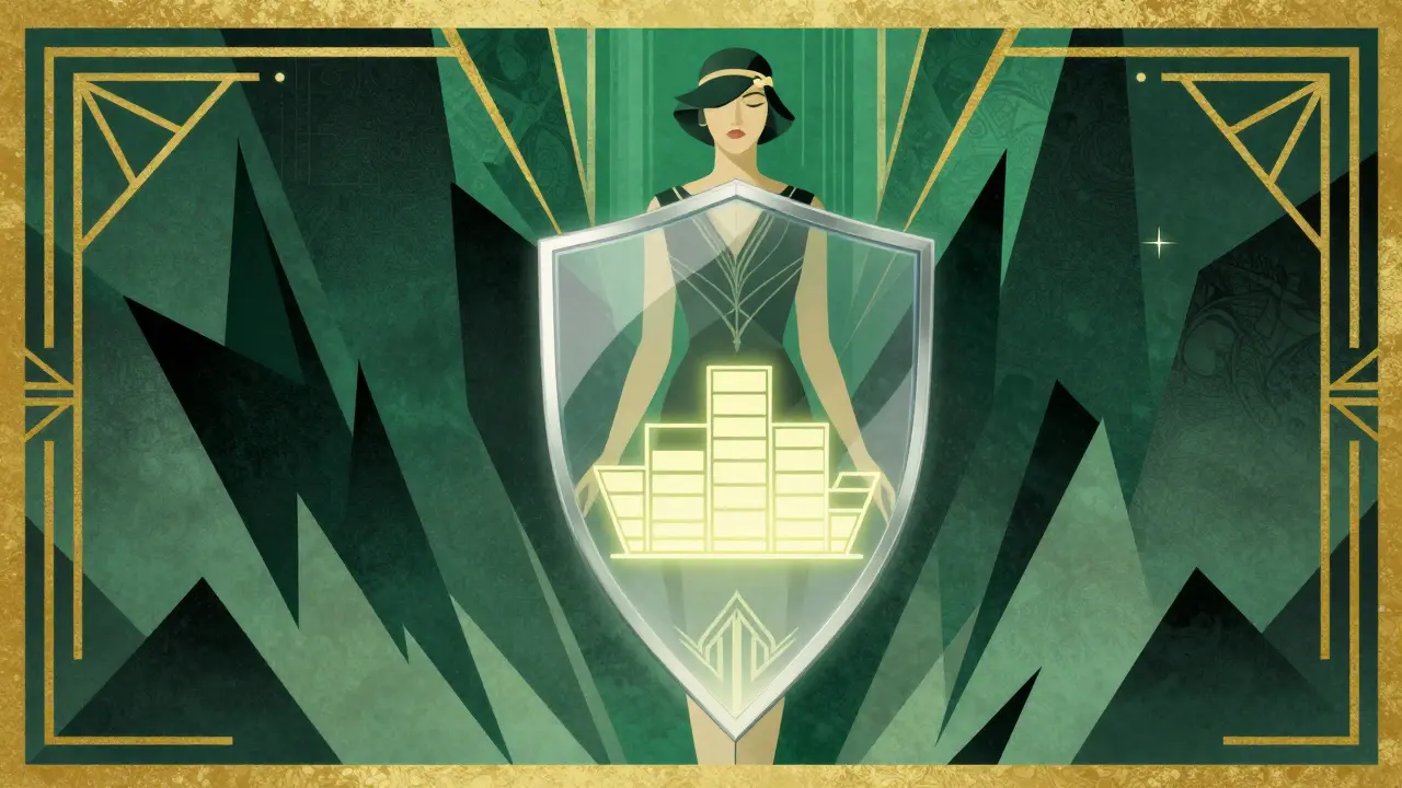 Art Deco graphic of a shield protecting crypto assets from market volatility.
