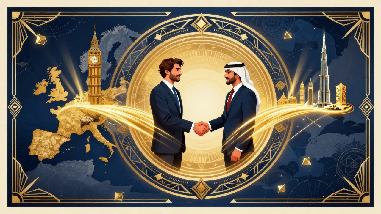 Art Deco graphic of golden financial flows connecting Europe and UAE crypto hubs
