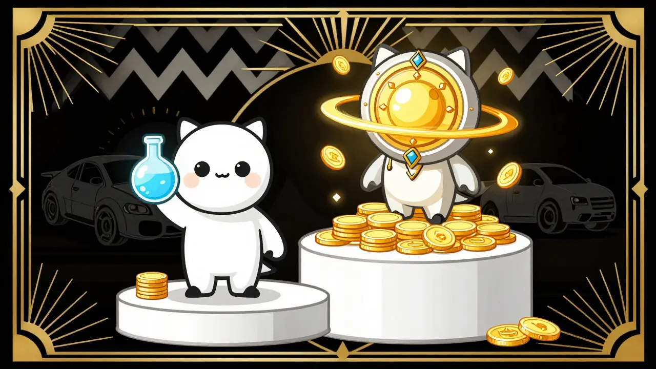 Art Deco illustration comparing Metamon and MPB holders receiving different tiers of gold coin rewards.