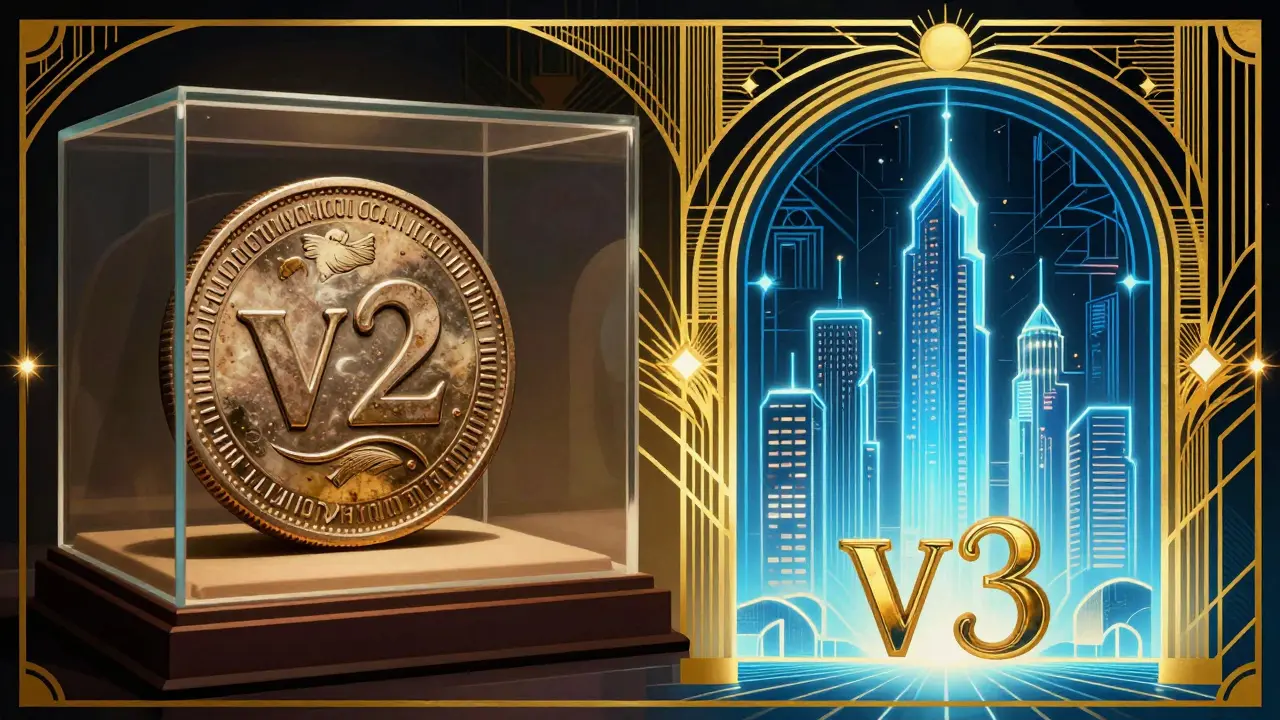 Art Deco illustration contrasting an old relic coin with a futuristic city, symbolizing tech evolution.