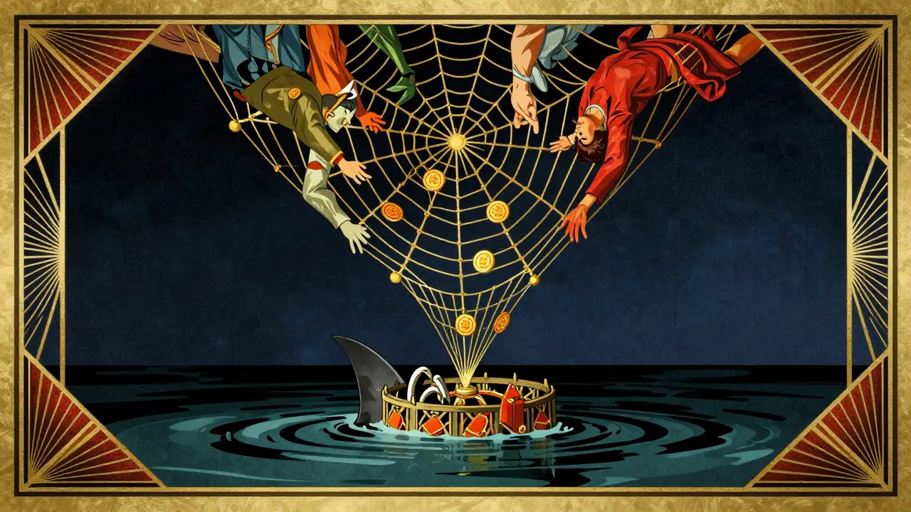 Art Deco illustration of a golden trap snaring users seeking fake airdrops