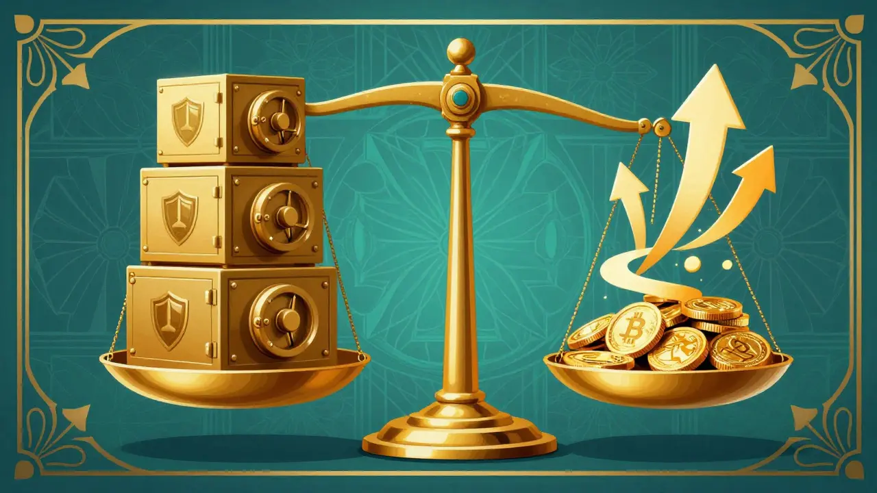 Art Deco illustration of a scale balancing security shields against rising yield coins.