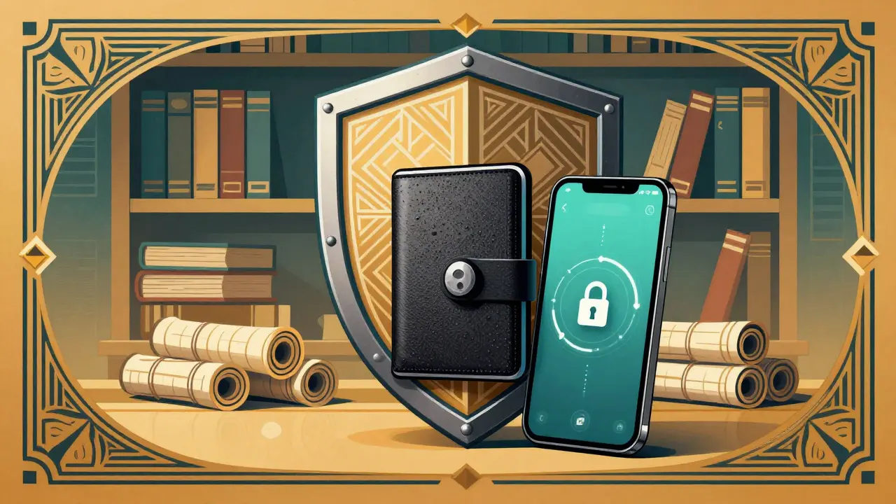Art Deco illustration of a shield protecting a hardware wallet and secure device