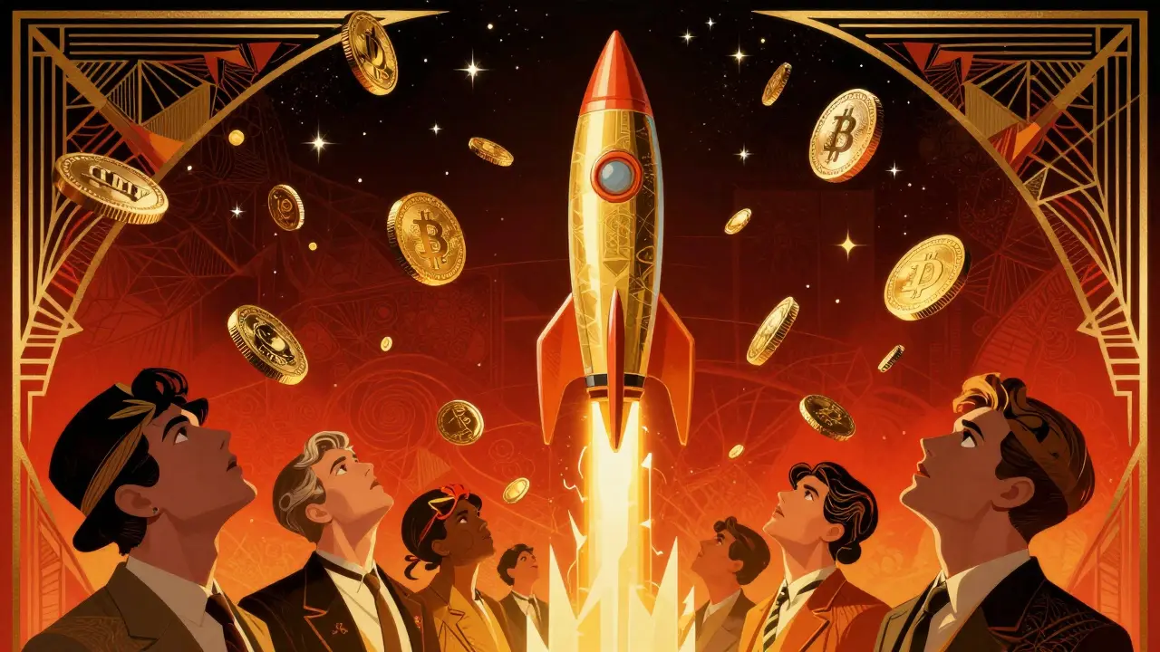 Art Deco illustration of a soaring rocket graph representing the 2017 crypto hype cycle