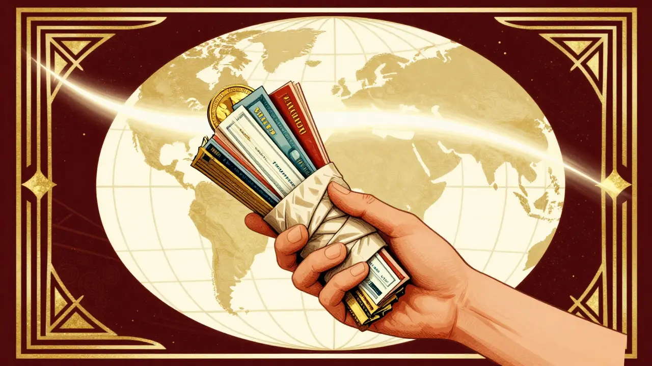 Art Deco illustration of bundled payments and global stablecoin transfers.