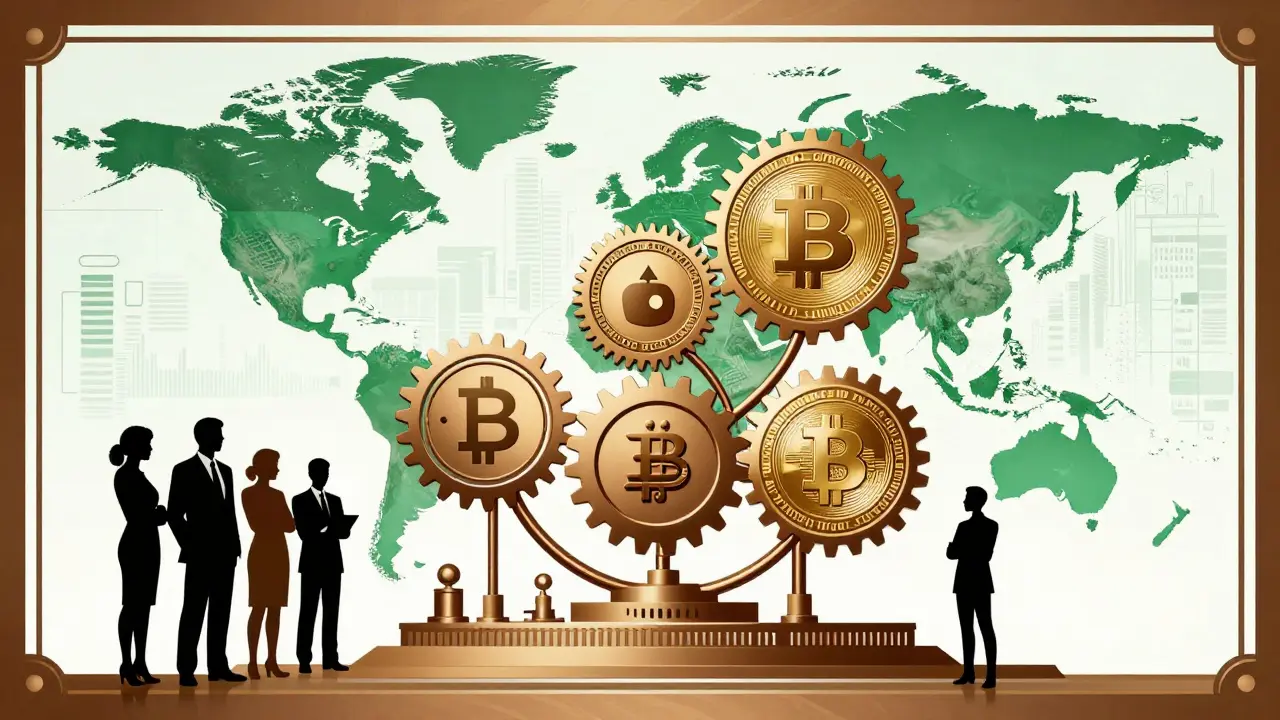 Art Deco illustration of interconnected global finance and CBDCs