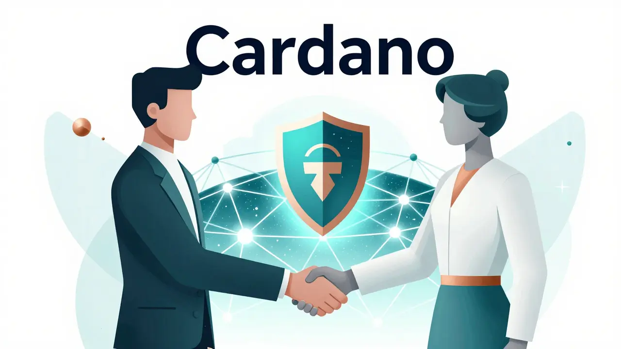 Art deco illustration of two figures shaking hands over a glowing blockchain network shield.