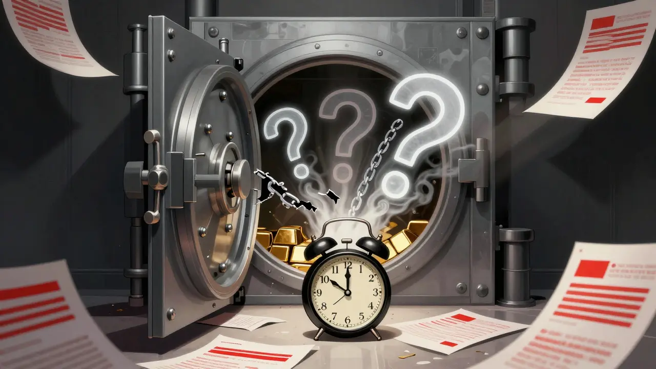 Art deco image of an empty vault with broken chains symbolizing no reserves
