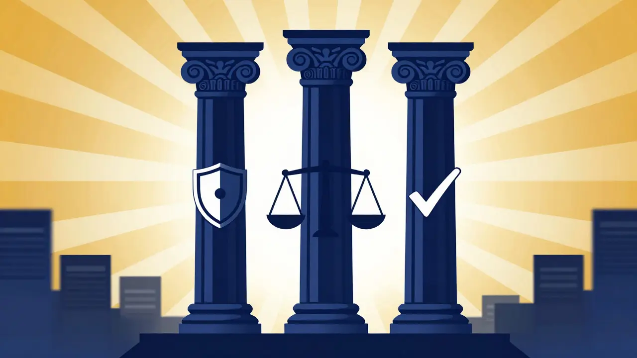 Art deco pillars of trust supporting a bright sky, representing safe exchanges