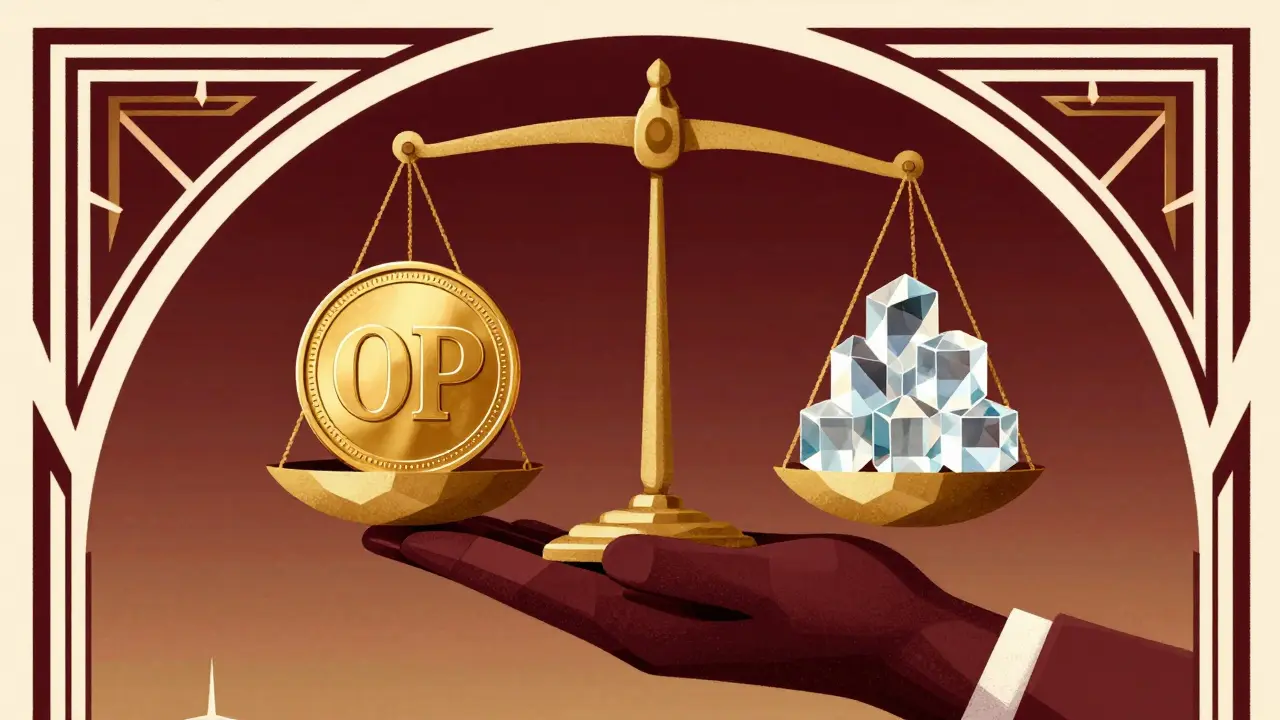 Art Deco scale balancing a golden token and crystal data
