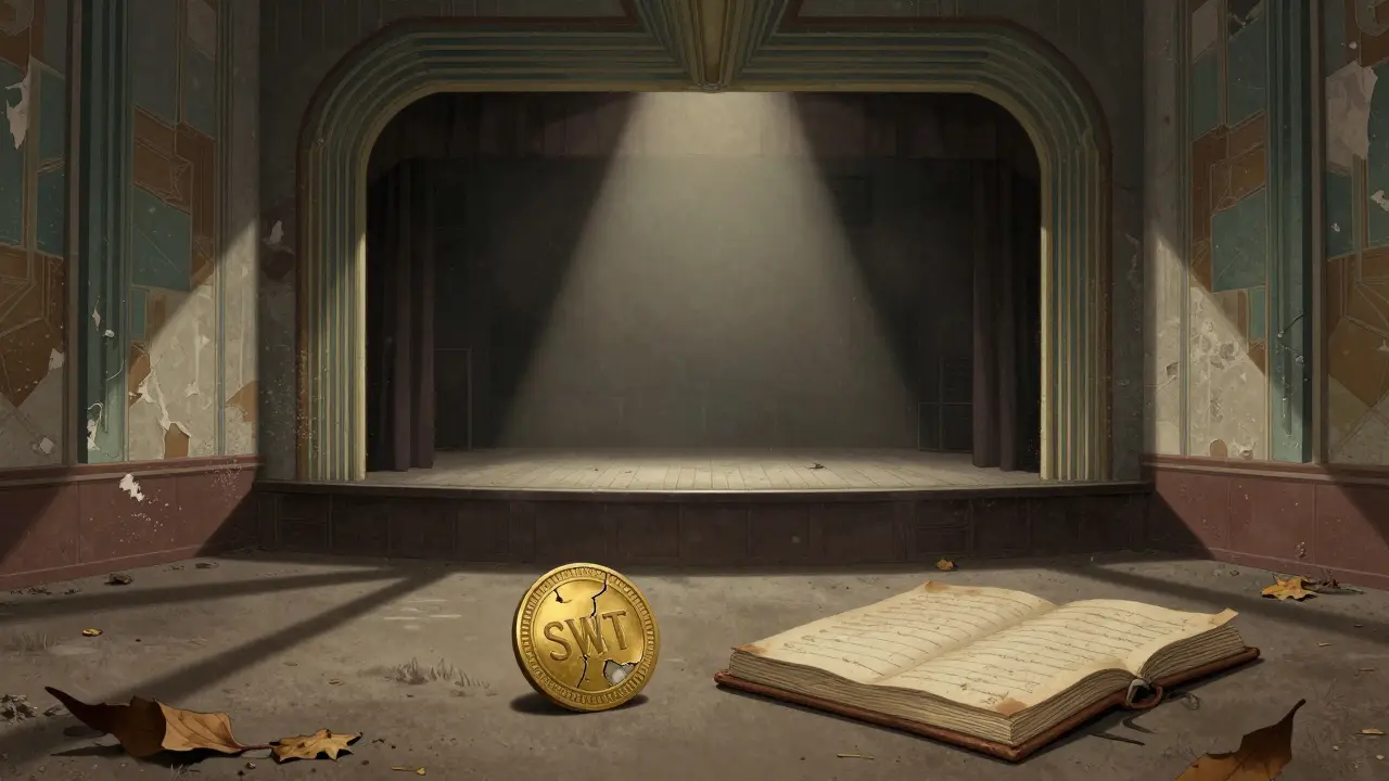 Art Deco scene of an abandoned stage with a cracked token, symbolizing Swarm City's demise