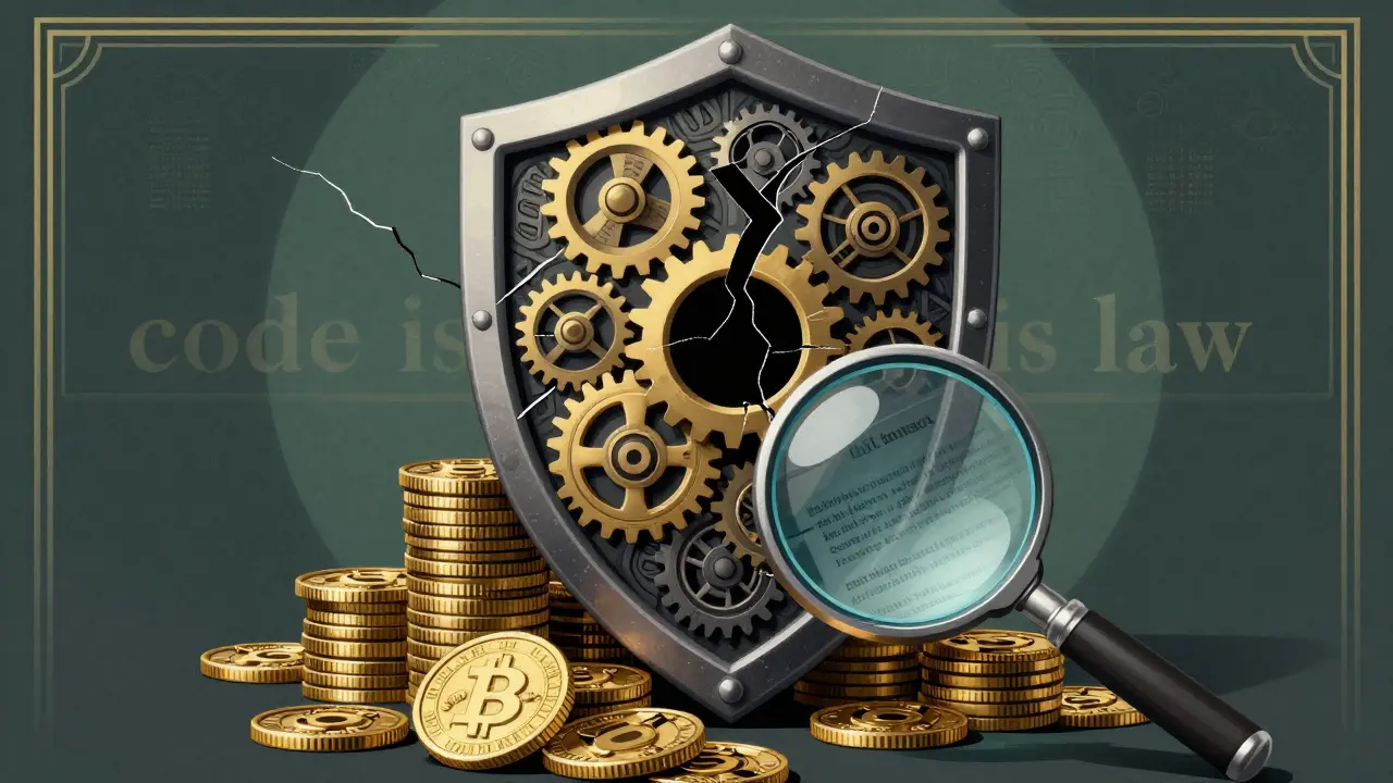 Art Deco shield with a crack protecting coins, symbolizing DeFi security risks and the need for vigilance.