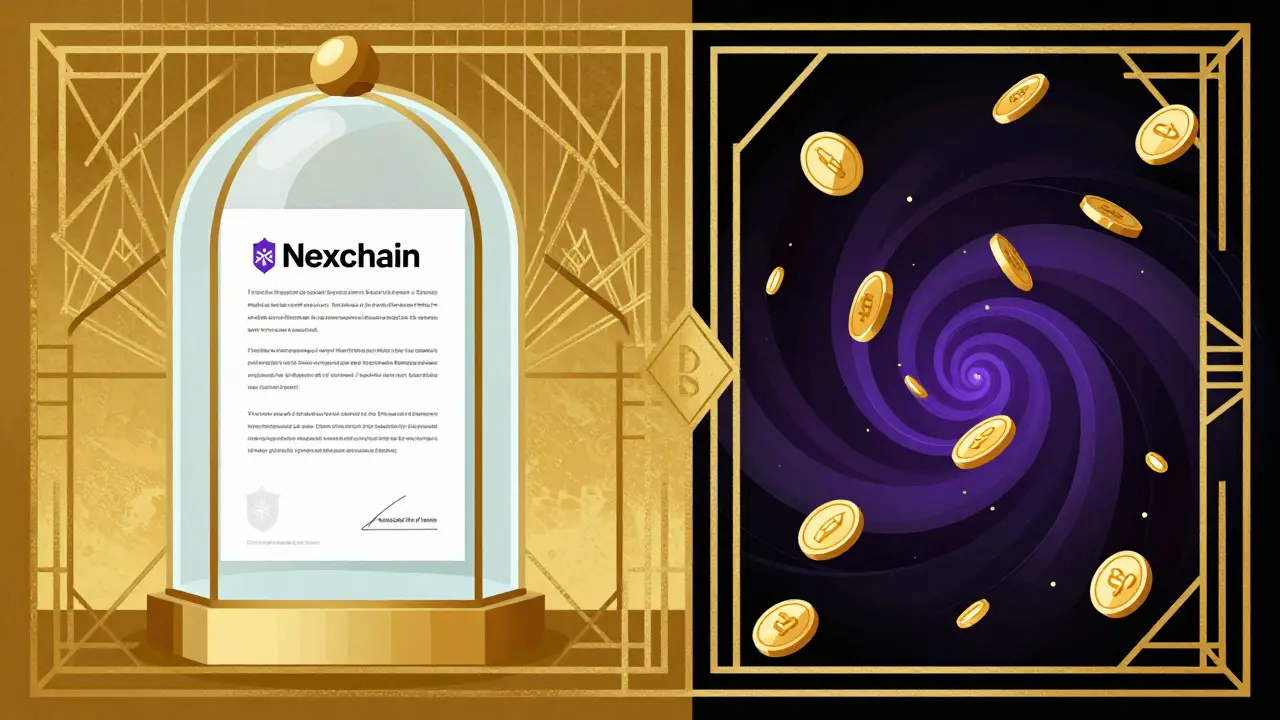 Art Deco split image contrasting legitimate crypto transparency with empty scams