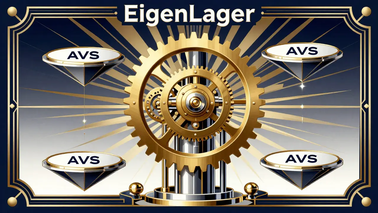 Art Deco style golden gears and platforms symbolizing the EigenLayer ecosystem.